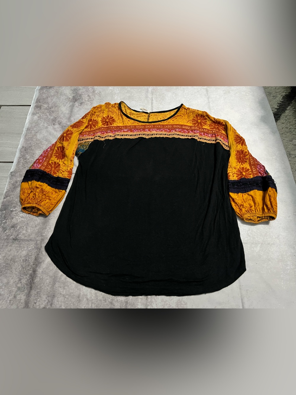 Free People Black Tunic with Mustard Floral Yoke and Patterned Sleeves